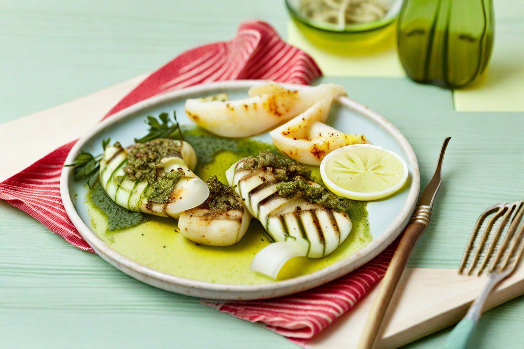 Pescado blanco a la plancha con pesto de calabacín